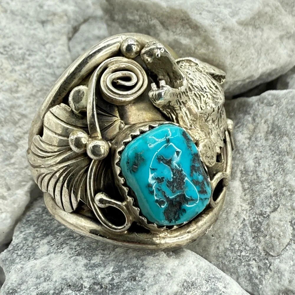 Navajo Sterling Silver Howling Wolf Turquoise Ring —Genevieve Francisco